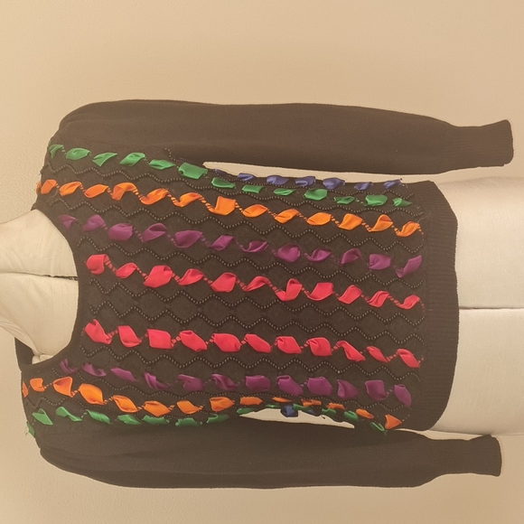 Rainbow black beaded and ribbons sweater vintage size Small - Picture 3 of 7